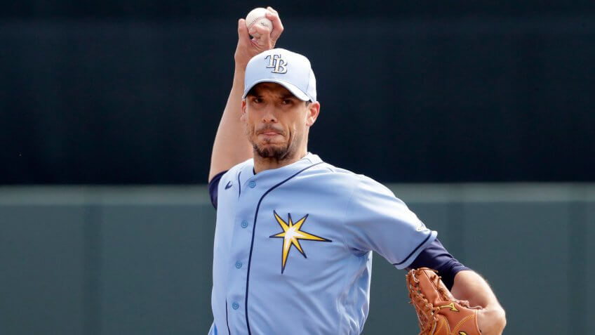 Mandatory Credit: Photo by John Bazemore/AP/Shutterstock (10572526b)Tampa Bay Rays starting pitcher Charlie Morton (50) warms up between innings of a spring training baseball game against the Baltimore Orioles, in Sarasota, FlaRays Orioles Spring Baseball, Sarasota, USA - 02 Mar 2020.