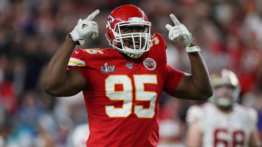 Mandatory Credit: Photo by Steve Luciano/AP/Shutterstock (10546400rz)Kansas City Chiefs defensive end Chris Jones (95) reacts after a play during the second half of the NFL Super Bowl 54 football game between the San Francisco 49ers and Kansas City Chiefs, in Miami Gardens, Fla.
