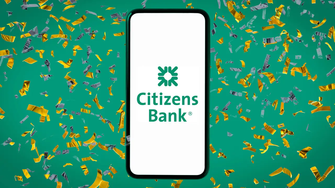Light green background with yellow confetti and a smartphone on top displaying the Citizens Bank logo