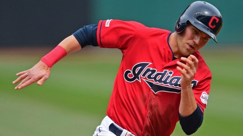 Mandatory Credit: Photo by David Dermer/AP/Shutterstock (10189861b)Cleveland Indians' Jake Bauers scores on a RBI-double by Carlos Santana in the first inning of a baseball game against the Toronto Blue Jays, in ClevelandBlue Jays Indians Baseball, Cleveland, USA - 07 Apr 2019.