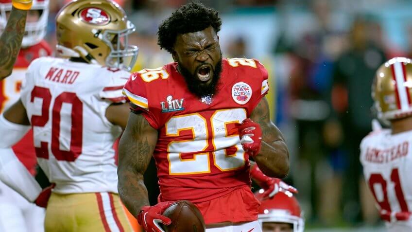 Mandatory Credit: Photo by David J Phillip/AP/Shutterstock (10546401eq)Kansas City Chiefs running back Damien Williams celebrates after a run against the San Francisco 49ers during the first half of the NFL Super Bowl 54 football game, in Miami Gardens, Fla49ers Chiefs Super Bowl Football, Miami Gardens, USA - 02 Feb 2020.