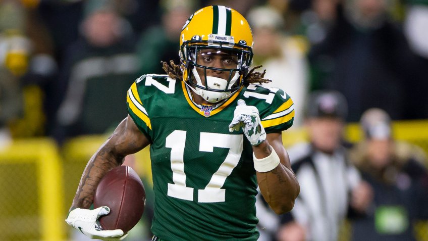 Mandatory Credit: Photo by John Fisher/CSM/Shutterstock (10524306f)Green Bay Packers wide receiver Davante Adams #17 runs into the end zone after making a 40 yard touchdown catch in the third quarter of the NFL Football game between the Seattle Seahawks and the Green Bay Packers at Lambeau Field in Green Bay, WI.