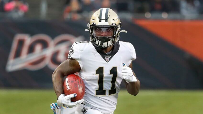 Mandatory Credit: Photo by Charles Rex Arbogast/AP/Shutterstock (10453014b)New Orleans Saints' Deonte Harris carries the ball during the second half of an NFL football game against the Chicago Bears in ChicagoSaints Bears Football, Chicago, USA - 20 Oct 2019.