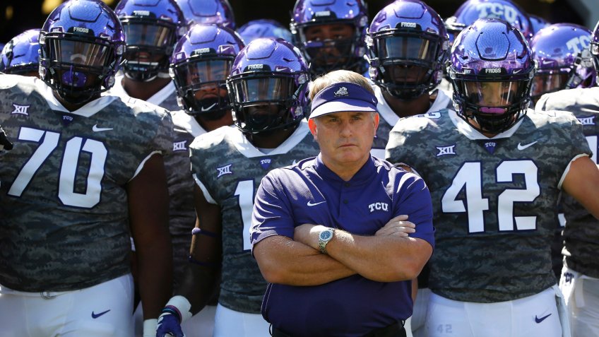TCU head coach Gary Patterson and his team prepare to take the field against Southern University before an NCAA college football game, in Fort Worth, TexasSouthern TCU Football, Fort Worth, USA - 01 Sep 2018.