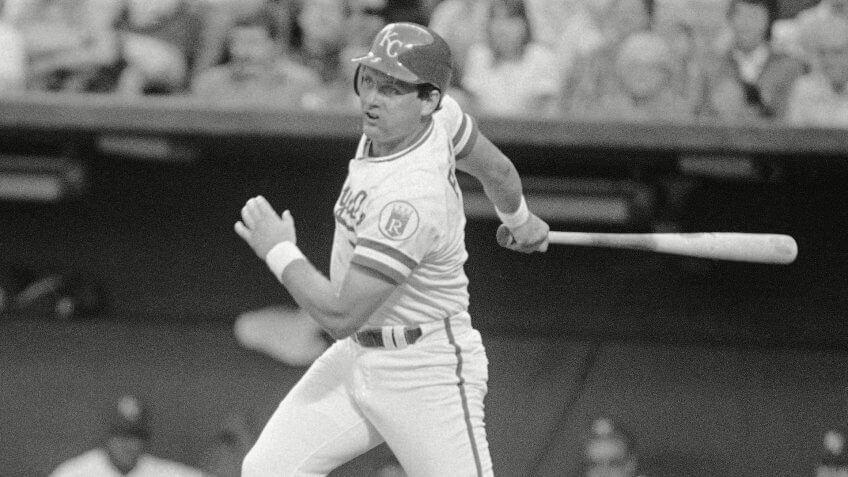 Mandatory Credit: Photo by Cliff Shiappa/AP/Shutterstock (6572427a)Kansas City Royals third baseman George Brett lets out a big swing during the first inning against the Texas Rangers in Kanas City, Mo.