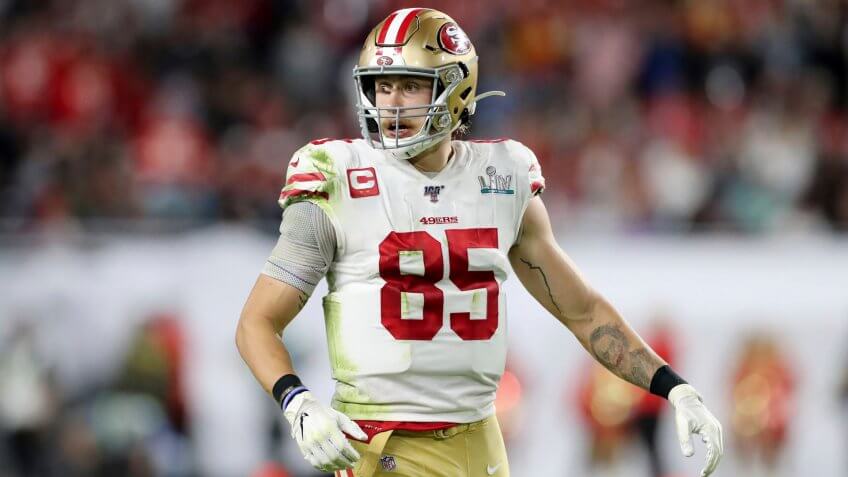 Mandatory Credit: Photo by Gregory Payan/AP/Shutterstock (10547374eq)San Francisco 49ers tight end George Kittle (85) is seen against the Kansas City Chiefs at Super Bowl 54, in Miami Gardens, Fla.