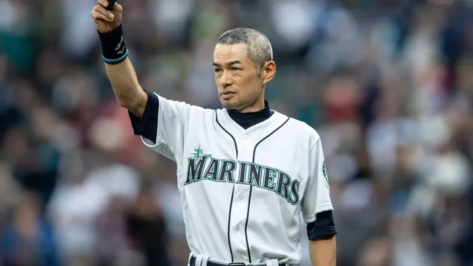 Mandatory Credit: Photo by Stephen Brashear/AP/Shutterstock (10418775c)Former Seattle Mariners player Ichiro Suzuki acknowledges the crowd during a ceremony in which he was presented withe Seattle Mariners "Franchise Acheivement Award" before a baseball game between the Chicago White Sox and the Seattle Mariners, in Seattle.