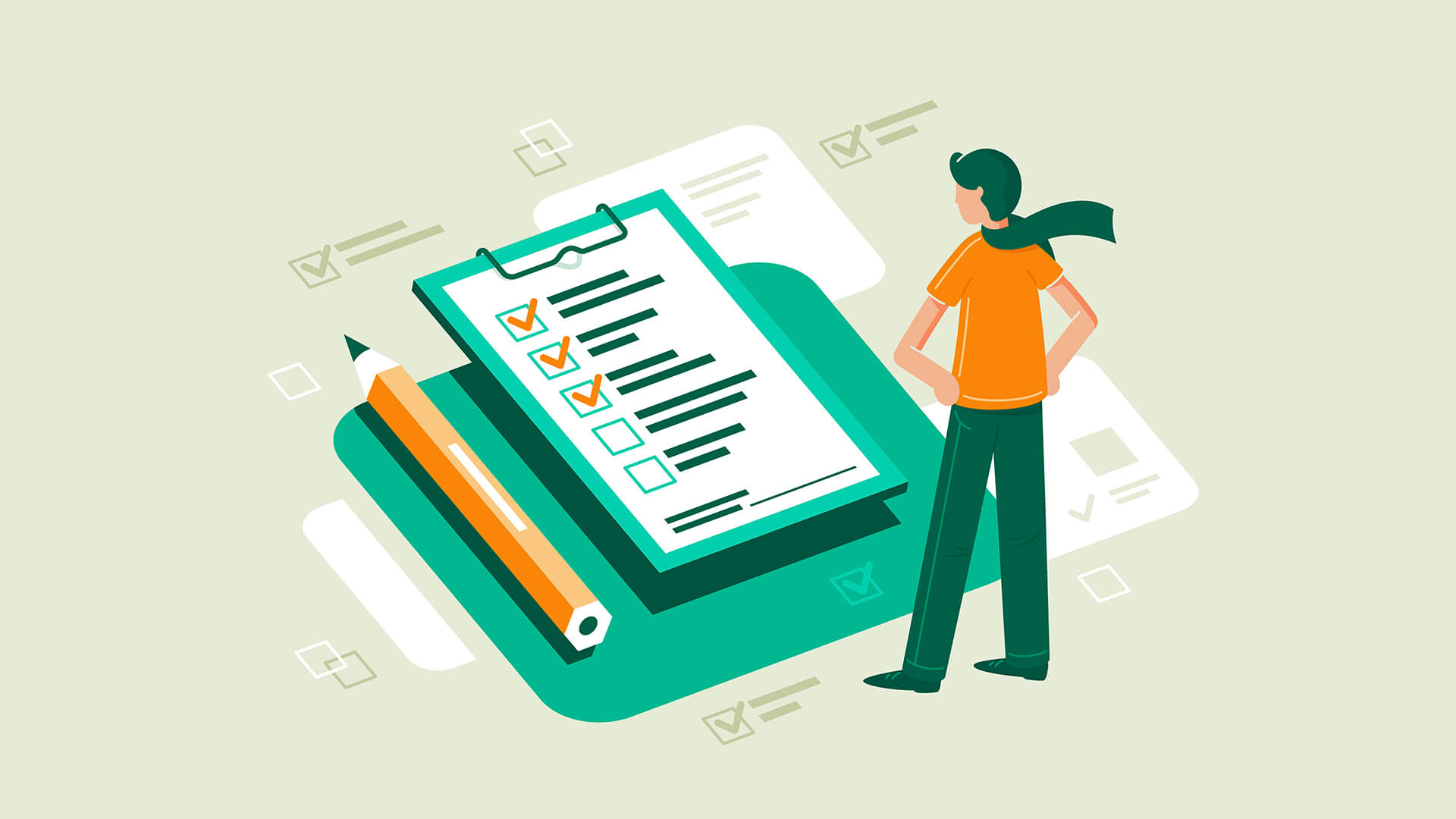 Flat young man with scarf in front table with pencil and check sheet.