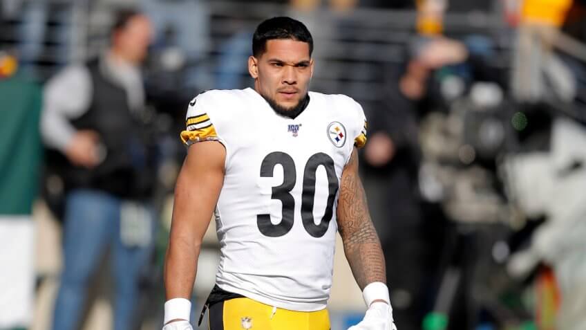 Mandatory Credit: Photo by Adam Hunger/AP/Shutterstock (10511639cx)Pittsburgh Steelers running back James Conner (30) warms up before an NFL football game against the New York Jets, in East Rutherford, N.