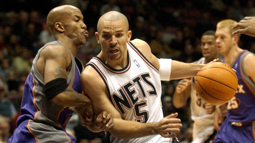 MARBURY KIDD New Jersey Nets' Jason Kidd, right, drives to the basket as he is guarded by Phoenix Suns' Stephon Marbury during the second quarter Monday night, in East Rutherford, N.