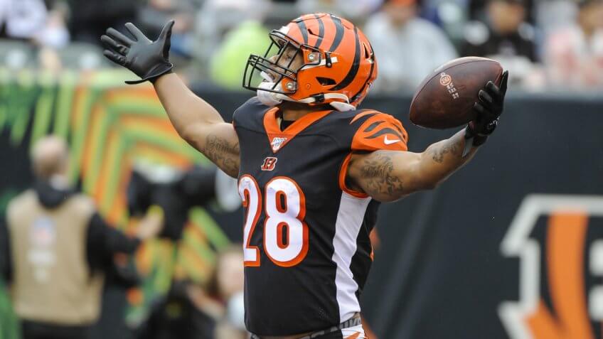 Mandatory Credit: Photo by Dorn Byg/CSM/Shutterstock (10514600y)Joe Mixon (28) of the Cincinnati Bengals celebrates his touchdown during a game between the Cleveland Browns and the Cincinnati Bengals at Paul Brown Stadium on , in Cincinnati, OHNFL Browns vs Bengals, Cincinnati, USA - 29 Dec 2019.