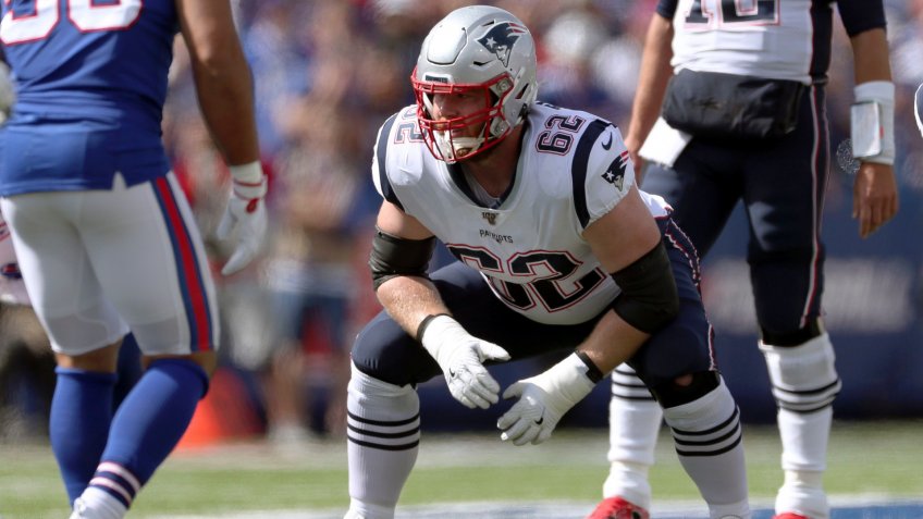 Mandatory Credit: Photo by Ron Schwane/AP/Shutterstock (10429744ho)New England Patriots guard Joe Thuney (62) lines up for a play against the Buffalo Bills in the first half of an NFL football game, in Orchard Park, N.