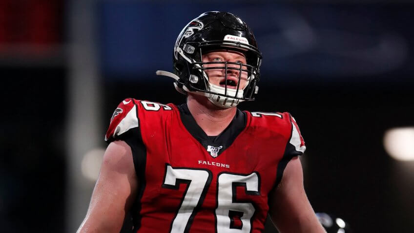 Mandatory Credit: Photo by Jeff Haynes/AP/Shutterstock (10513278gc)Atlanta Falcons offensive tackle Kaleb McGary (76) watches a kick against the Carolina Panthers during an NFL football game, in Atlanta.