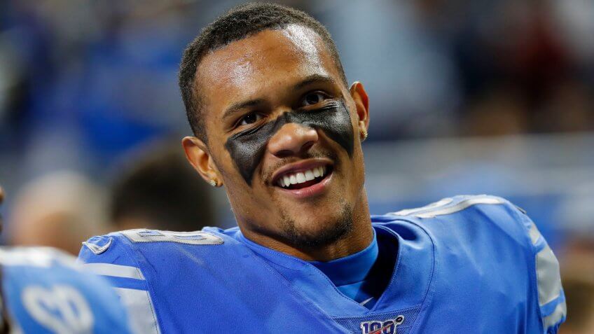 Mandatory Credit: Photo by Paul Sancya/AP/Shutterstock (10457743kv)Detroit Lions wide receiver Kenny Golladay smiles during an NFL football game against the New York Giants in DetroitGiants Lions Football, Detroit, USA - 27 Oct 2019.