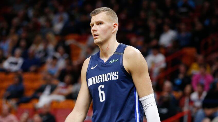 MIAMI, FLORIDA - FEBRUARY 28: Kristaps Porzingis #6 of the Dallas Mavericks looks on against the Miami Heat during the second half at American Airlines Arena on February 28, 2020 in Miami, Florida.