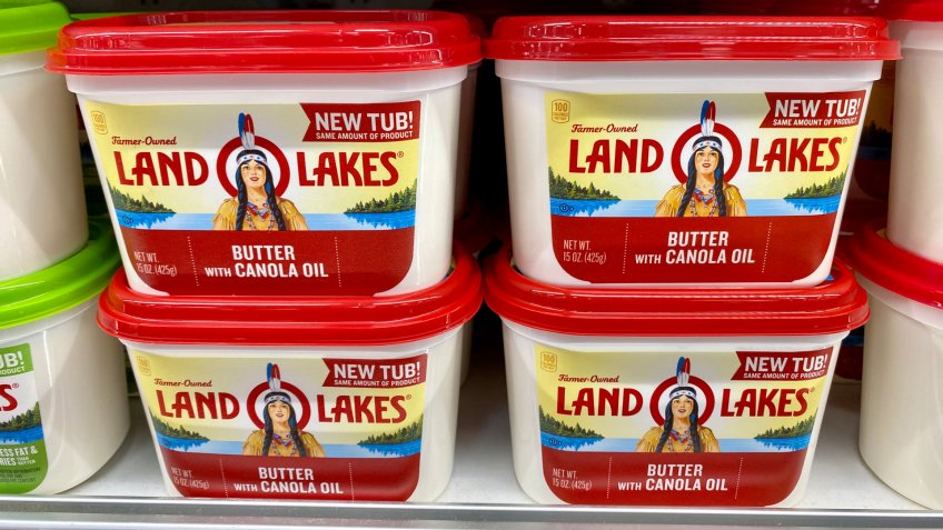 San Jose, CA - January 17, 2020: Plastic tub of Land O Lakes butter with Canola Oil on a store shelf in the dairy section.