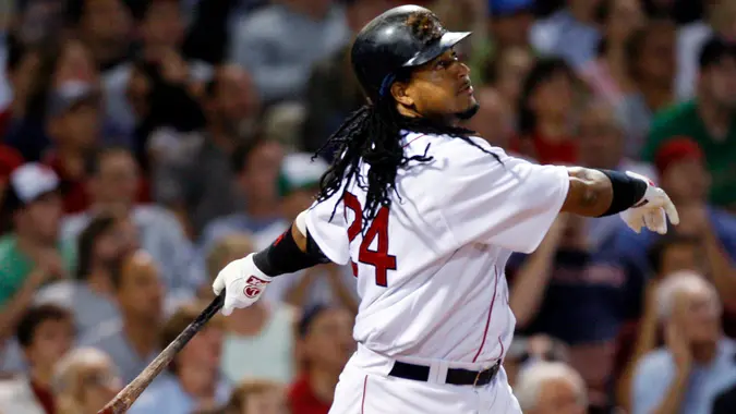 Mandatory Credit: Photo by Elise Amendola/AP/Shutterstock (6357446a)Manny Ramirez Boston Red Sox's Manny Ramirez flies out to center in the eighth inning of a baseball game against the Los Angeles Angels at Fenway Park in Boston on .