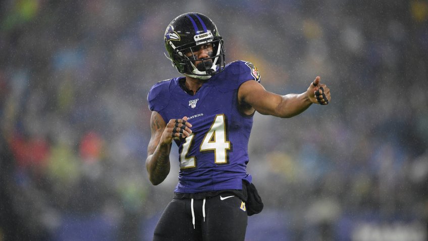 Mandatory Credit: Photo by Nick Wass/AP/Shutterstock (10515941bx)Baltimore Ravens cornerback Marcus Peters (24) gestures during the first half of an NFL football game against the Pittsburgh Steelers, in BaltimoreSteelers Ravens Football, Baltimore, USA - 29 Dec 2019.