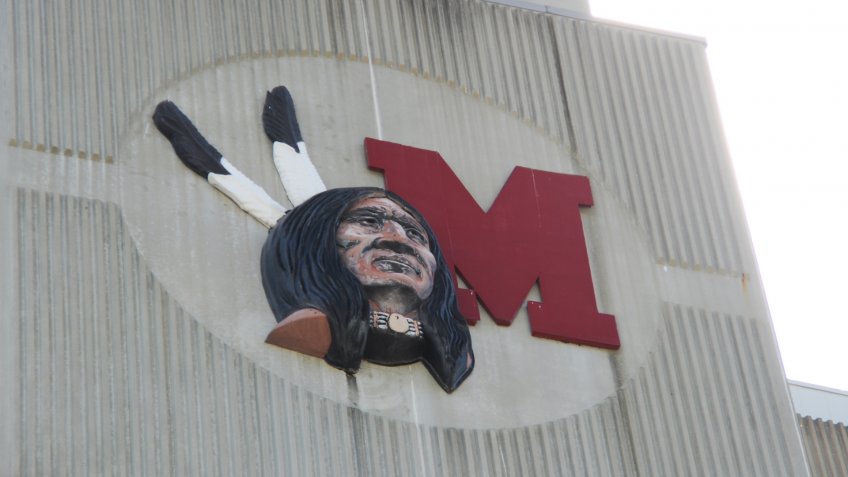 May 30, 2016 Oxford, OH, Miami University Yager Stadium college football, the old Redskins team logo on the outside of the stadium replaced by the Redhawks.