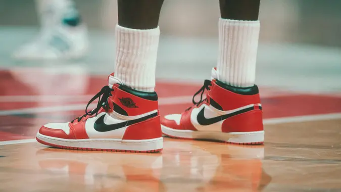 WASHINGTON - 1985:  Detail of the "Air Jordan" Nike shoes worn by Chicago Bulls' center Michael Jordan #23 during a game against the Washington Bullets at Capital Centre circa 1985 in Washington, D.