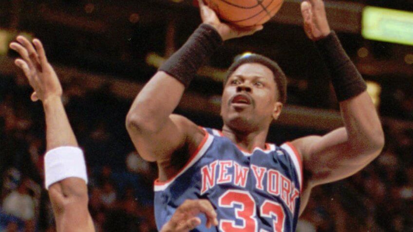 PATRICK EWING New York Knicks center Patrick Ewing (33) shoots over Michael Cage of the Cleveland Cavaliers during the Knicks' 94-84 win, in Cleveland.