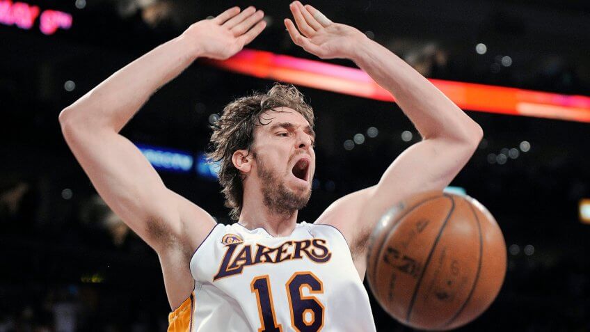 Pau Gasol, Deron Williams Los Angeles Lakers forward Pau Gasol (16), of Spain, reacts after a dunk against Utah Jazz guard Deron Williams (8) during the first quarter of Game 1 in their second round basketball playoff series on in Los Angeles.