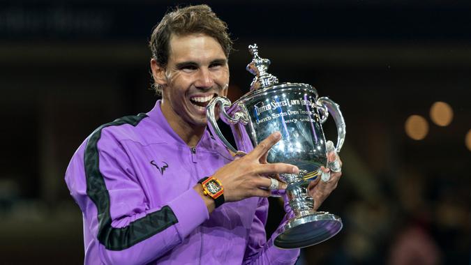 New York, NY - Sep 8, 2019: Rafael Nadal (Spain) poses with trophy after winning mens final match at US Open Championships against Daniil Medvedev (Russia) at Billie Jean King National Tennis Center.