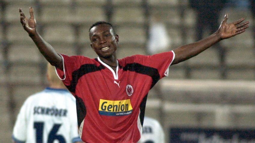 Mandatory Credit: Photo by Volker Dziemballa/AP/Shutterstock (7208025a)GUIE-MIEN Congolese Rolf-Christel Guie-Mien of Eintracht Frankfurt reacts after he got the red card during the German first division soccer match at the Waldstadium in Frankfurt, Germany, September 6, 2000FUSSBALL BL FRANKFURT, FRANKFURT, Germany.