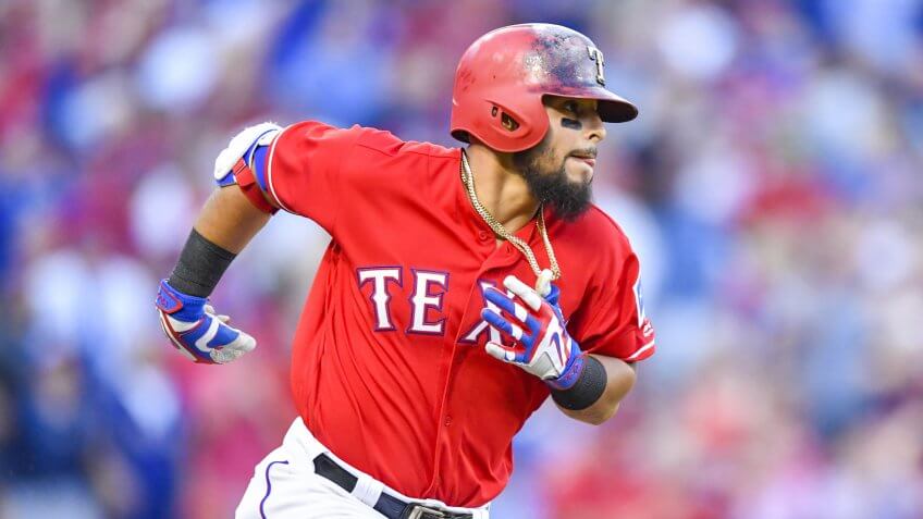 Mandatory Credit: Photo by Albert Pena/Csm/Shutterstock (8573396aj)Texas Rangers second baseman Rougned Odor #12 watches his second home run during an MLB Opening Day game between the Cleveland Indians and the Texas Rangers at Globe Life Park in Arlington, TX Cleveland defeated Texas 8-5 Albert Pena/CSMMLB Indians vs Rangers, Arlington, USA - 03 Apr 2017.