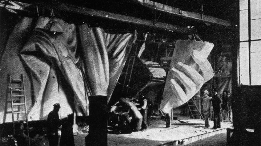 circa 1884: The left hand of the Statue of Liberty under construction.