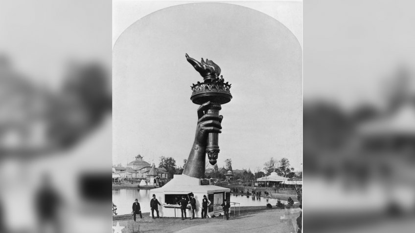 The forearm and torch of the Statue of Liberty on display at the Centennial Exposition in Philadelphia, 1876.