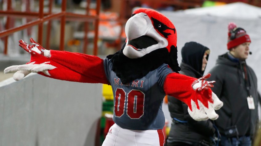 OXFORD, OHIO - NOVEMBER 13: Swoop the RedHawk on the sidelines during the game against the Bowling Green Falcons at Yager Stadium on November 13, 2019 in Oxford, Ohio.
