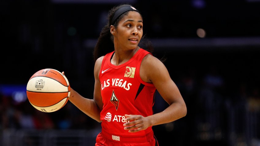 LOS ANGELES, CALIFORNIA - AUGUST 01: Guard Sydney Colson #51 of the Las Vegas Aces handles the ball in the game against the Los Angeles Sparks at Staples Center on August 01, 2019 in Los Angeles, California.