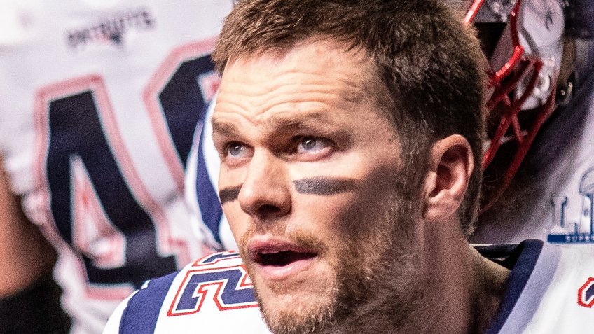 ATLANTA, GEORGIA - FEBRUARY 3, 2019: Tom Brady and the New England Patriots face the Los Angelas Rams in Super Bowl 53 at Mercedes- Benz Stadium in Atlanta, Georgia on February 3, 2019.