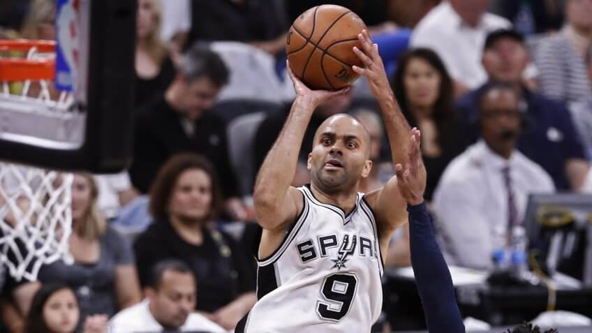 Mike Conley and Tony ParkerMemphis Grizzlies at San Antonio Spurs, USA - 17 Apr 2017Memphis Grizzlies guard Mike Conley (R) tries to block a shot against San Antonio Spurs guard Tony Parker (C) of France in the first half of the NBA Western Conference basketball playoffs game two between the Memphis Grizzlies and the San Antonio Spurs at the AT&T Center in San Antonio, Texas, USA, 17 April 2017.