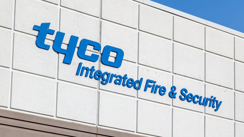 Mississauga, Ontario, Canada- August 25, 2018: Sign of Tyco Integrated Fire & Security on the head office building in Mississauga, a company specializing in electronic security and fire protection.