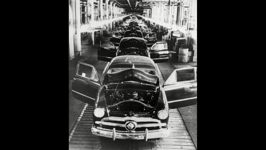 Mandatory Credit: Photo by Everett/Shutterstock (10288404a)1949 Ford cars sit on a deserted assembly line during the 25 day strike called by the United Auto Workers to oppose Henry Ford IIs imposition of automation and more efficient production standards.