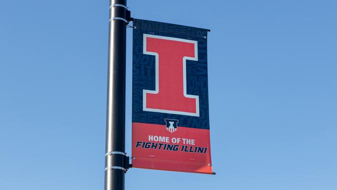 URBANA, IL/USA - JUNE 3, 2018: Campus athletic banner at University of Illinois at Urbana–Champaign.