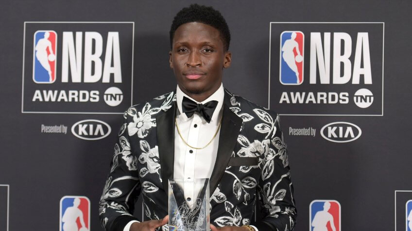 Mandatory Credit: Photo by Richard Shotwell/Invision/AP/Shutterstock (9794521a)Victor Oladipo, of the Indiana Pacers, poses in the press room with the most improved player award at the NBA Awards, at the Barker Hangar in Santa Monica, Calif2018 NBA Awards - Press Room, Santa Monica, USA - 25 Jun 2018.