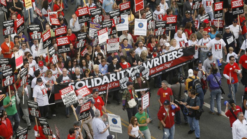 Mandatory Credit: Photo by Peter Brooker/Shutterstock (715120w)DemonstratorsWriters Guild Of America Strike, Hollywood Boulevard, Los Angeles, America - 20 Nov 2007.