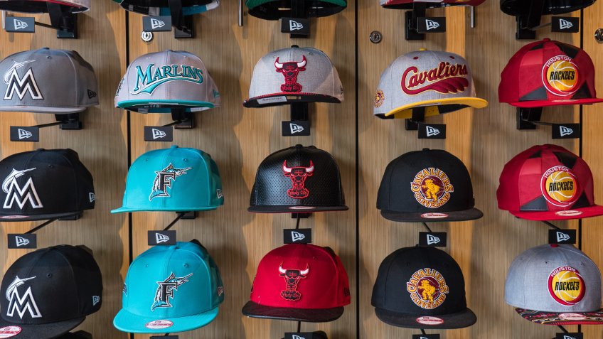 baseball hats in sports store