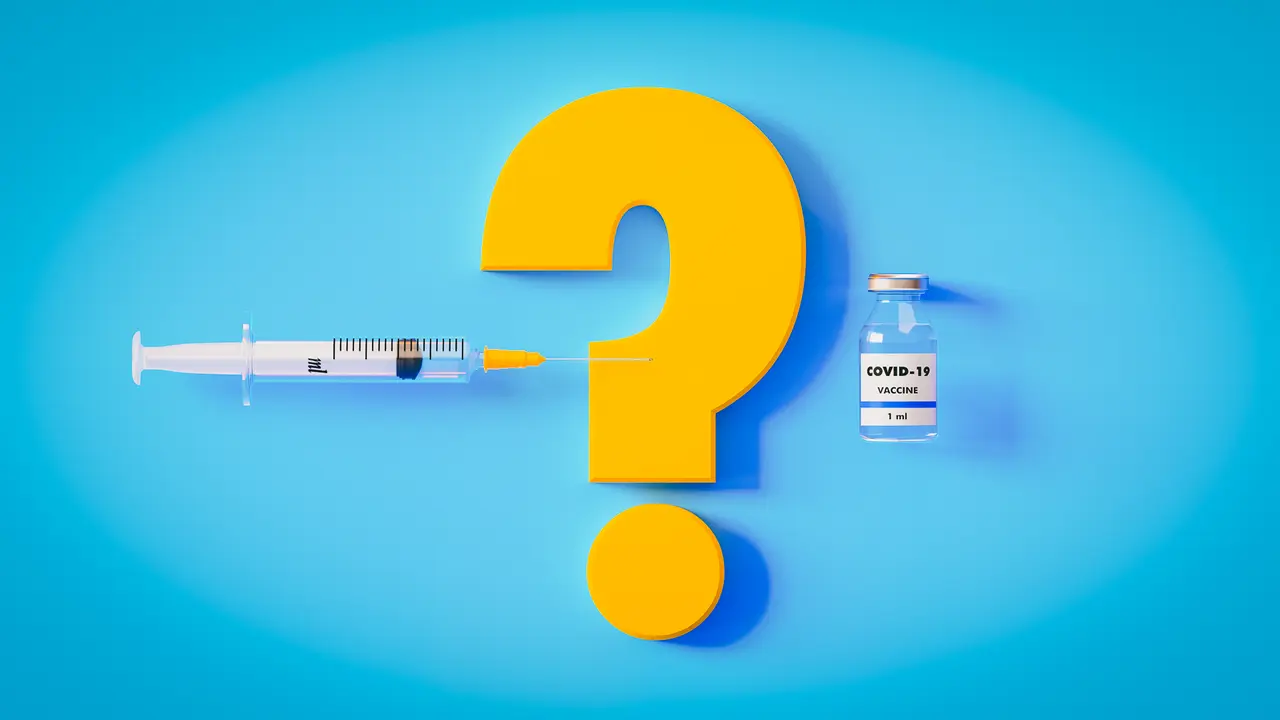 COVID-19 vaccine bottle, yellow question mark and syringe on blue background, Horizontal composition with copy space.