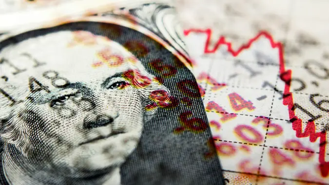 one dollar bill with negative red recession line