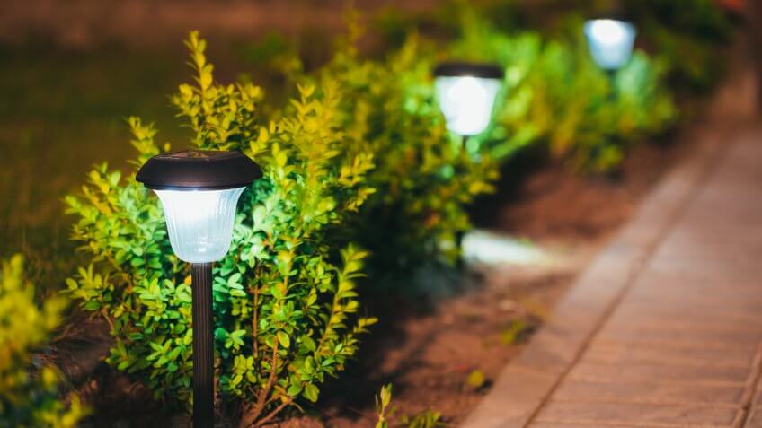 Decorative Small Solar Garden Light, Lanterns In Flower Bed In Green Foliage.