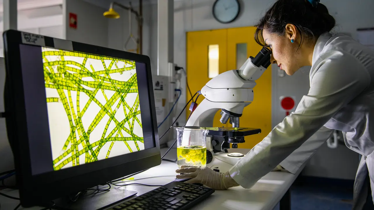 A side-view shot of a female scientist looking through a microscope to analyse her findings in Perth, Australia.