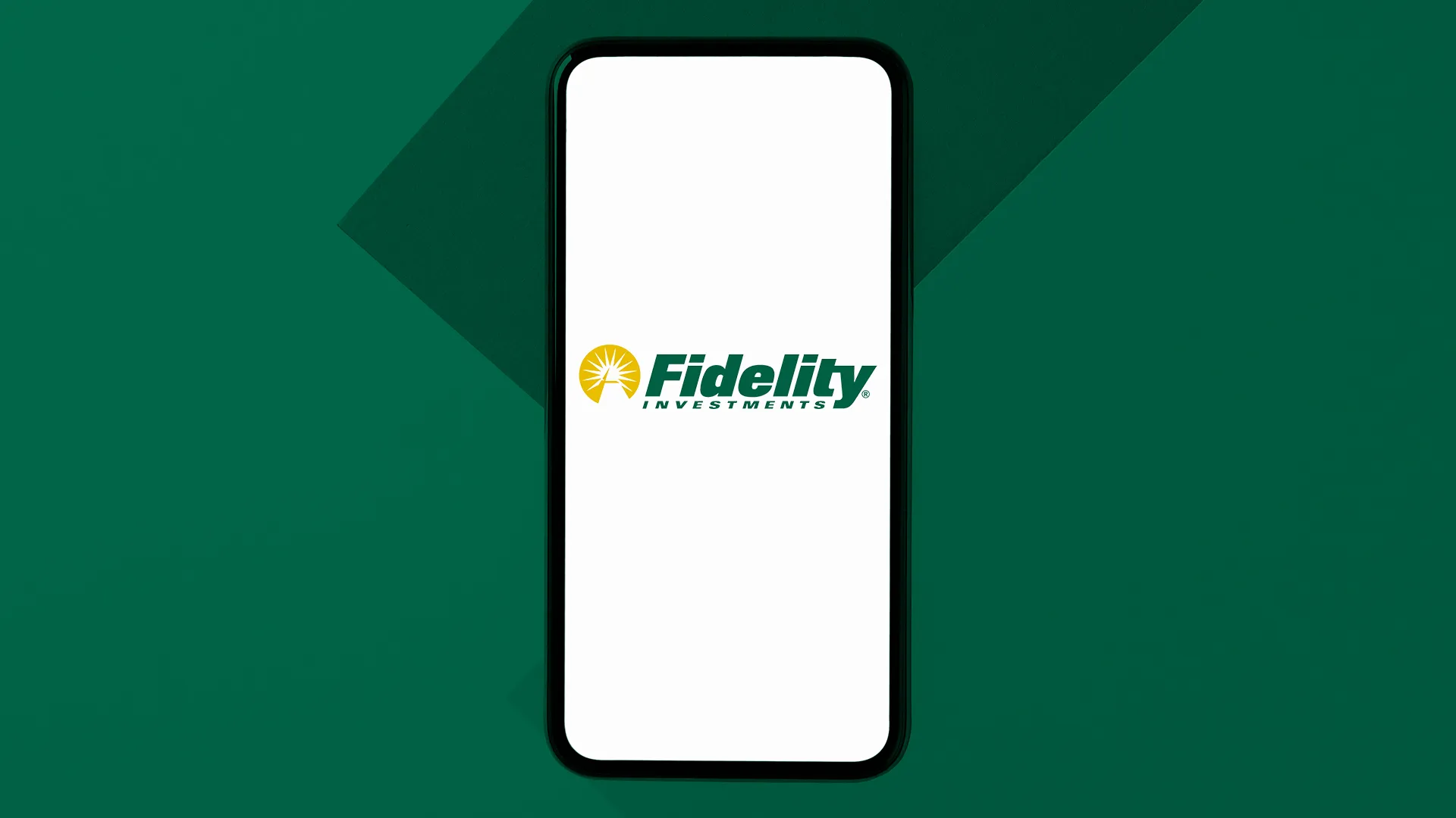 Fidelity app open on smartphone with dark green background.