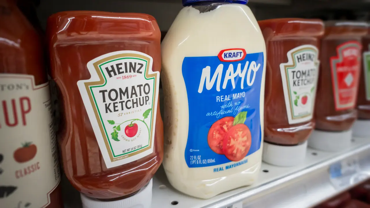 New York NY/USA-August 10, 2015 Bottles of Kraft Heinz mayonnaise and ketchup on a supermarket shelf in New York.