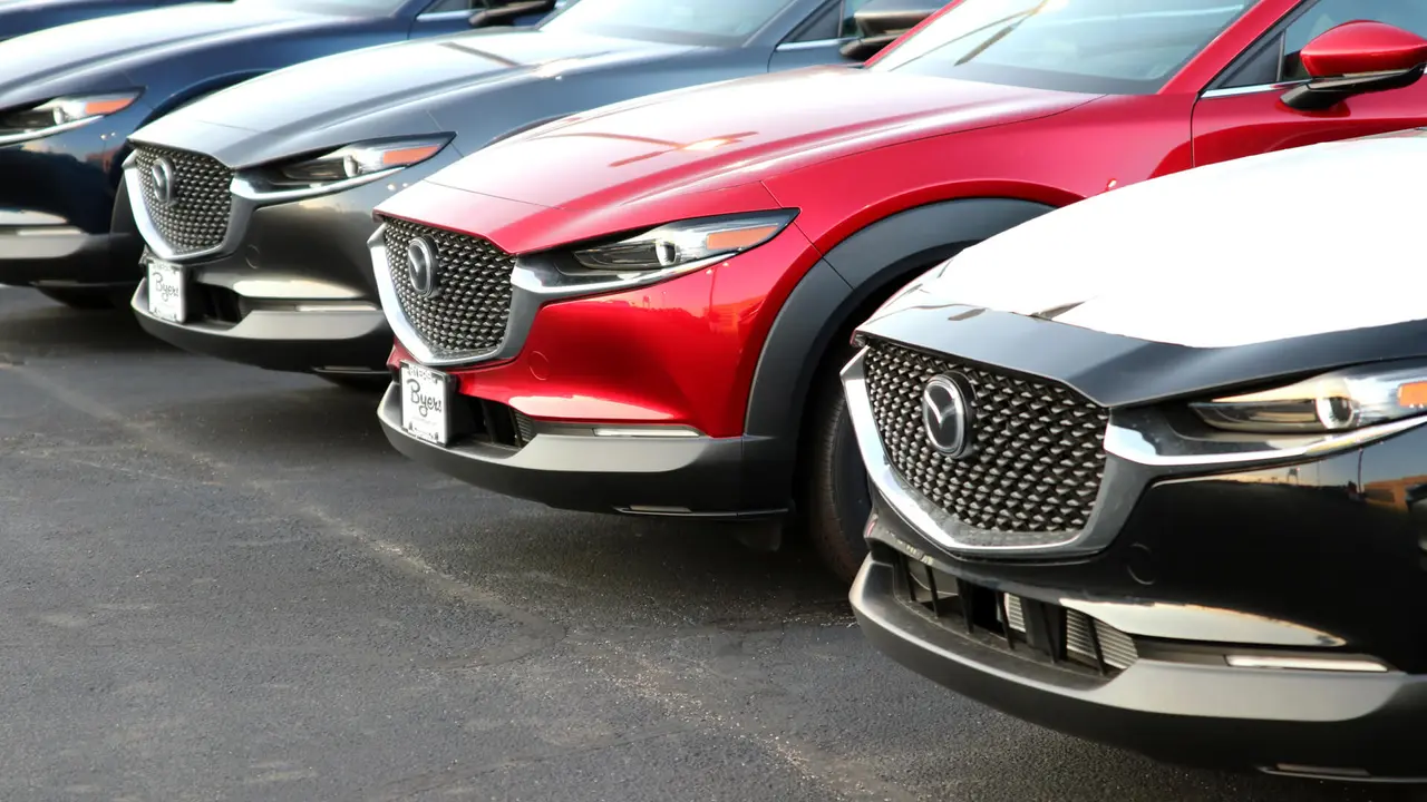 Dublin, Ohio July 5, 2020 Mazda Dealership with late model Cars and Suv's.