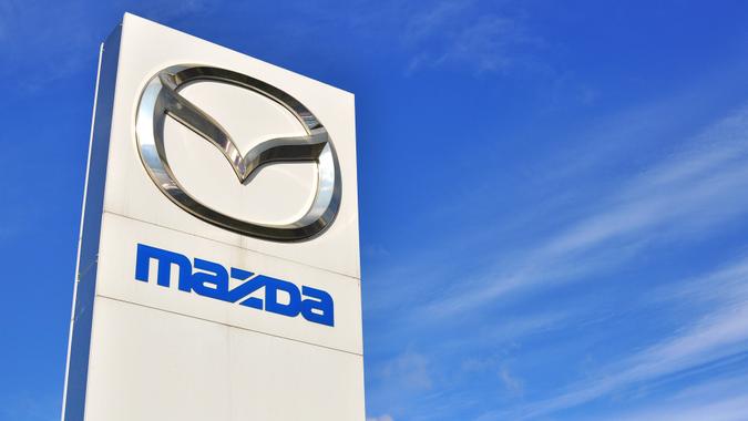MOSCOW, RUSSIA - OCTOBER 10, 2015: Logotype of Mazda corporation on October 10, 2015.