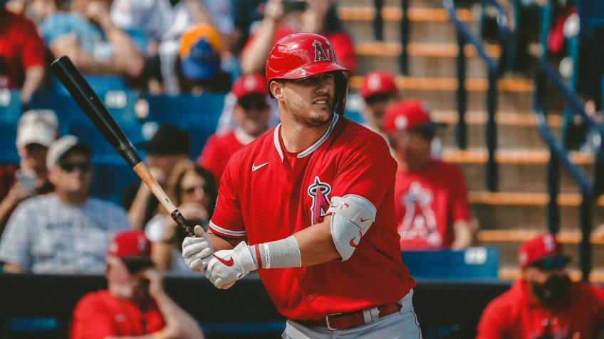 Mandatory Credit: Photo by Sue Ogrocki/AP/Shutterstock (10579080a)Los Angeles Angels' Mike Trout during a spring training baseball game against the Milwaukee Brewers, in Phoenix, ArizAngels Spring Baseball, Phoenix, USA - 08 Mar 2020.